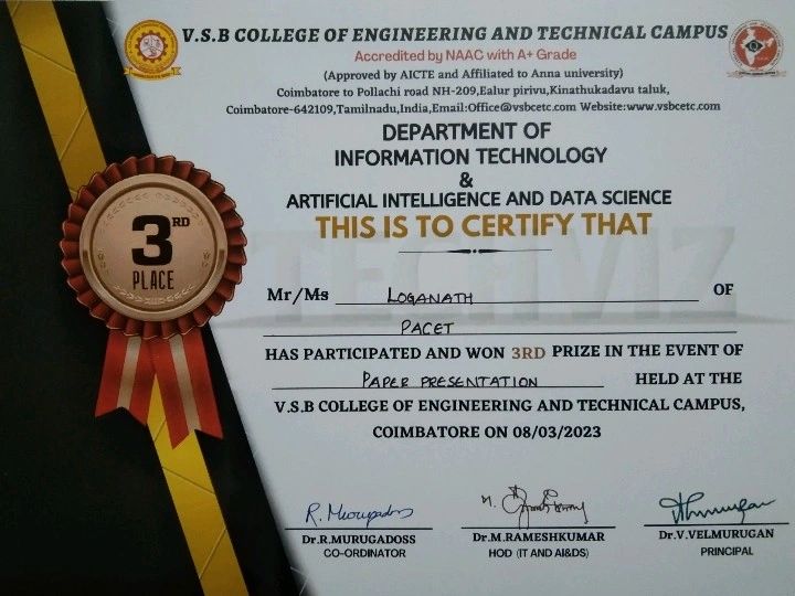 Prize Certificate - Paper Presentation